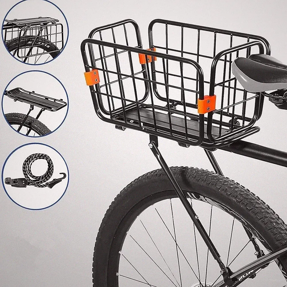 3in1 Rear Bike Rack with Elastic Strap Aluminum Alloy Adjustable Folding Basket