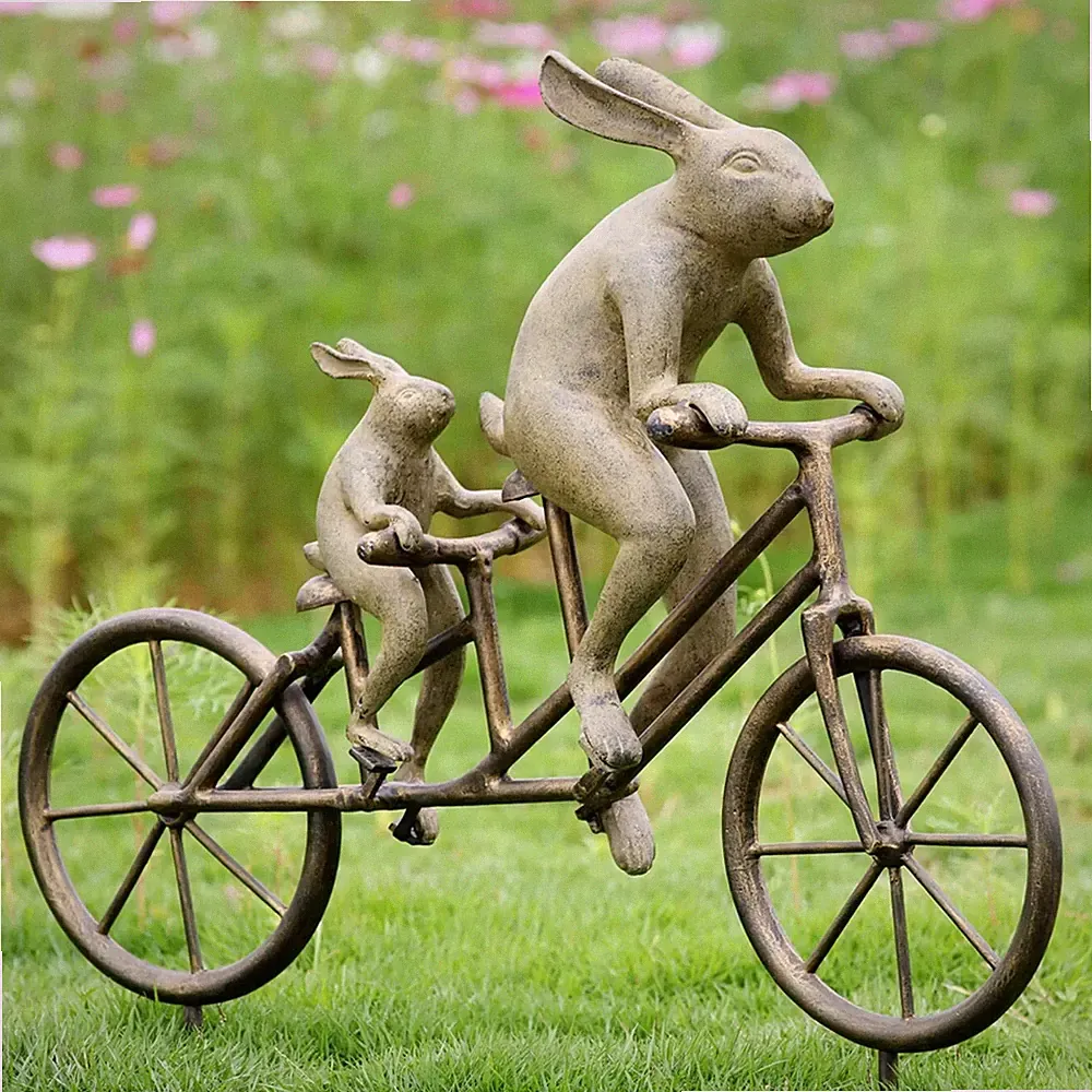 Aluminum And Iron Tandem Bicycle Rabbit Bunnies Tour De Bike Garden Sculpture