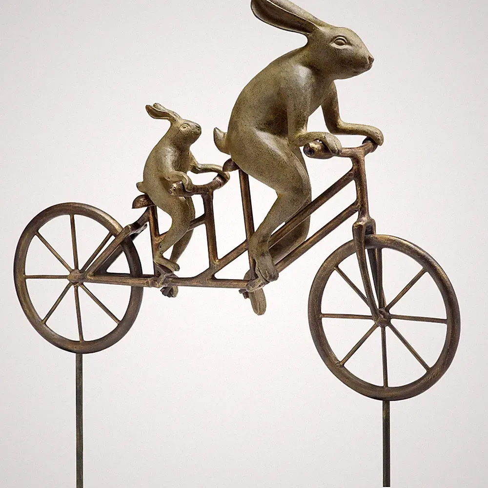 Aluminum And Iron Tandem Bicycle Rabbit Bunnies Tour De Bike Garden Sculpture